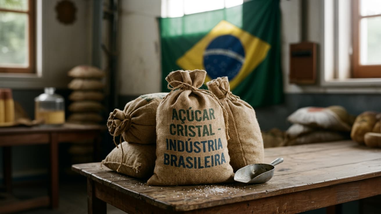 Sugar bags on a table, a Brazilian flag on the wall in the background - Notícia Brutus Agro Corporate