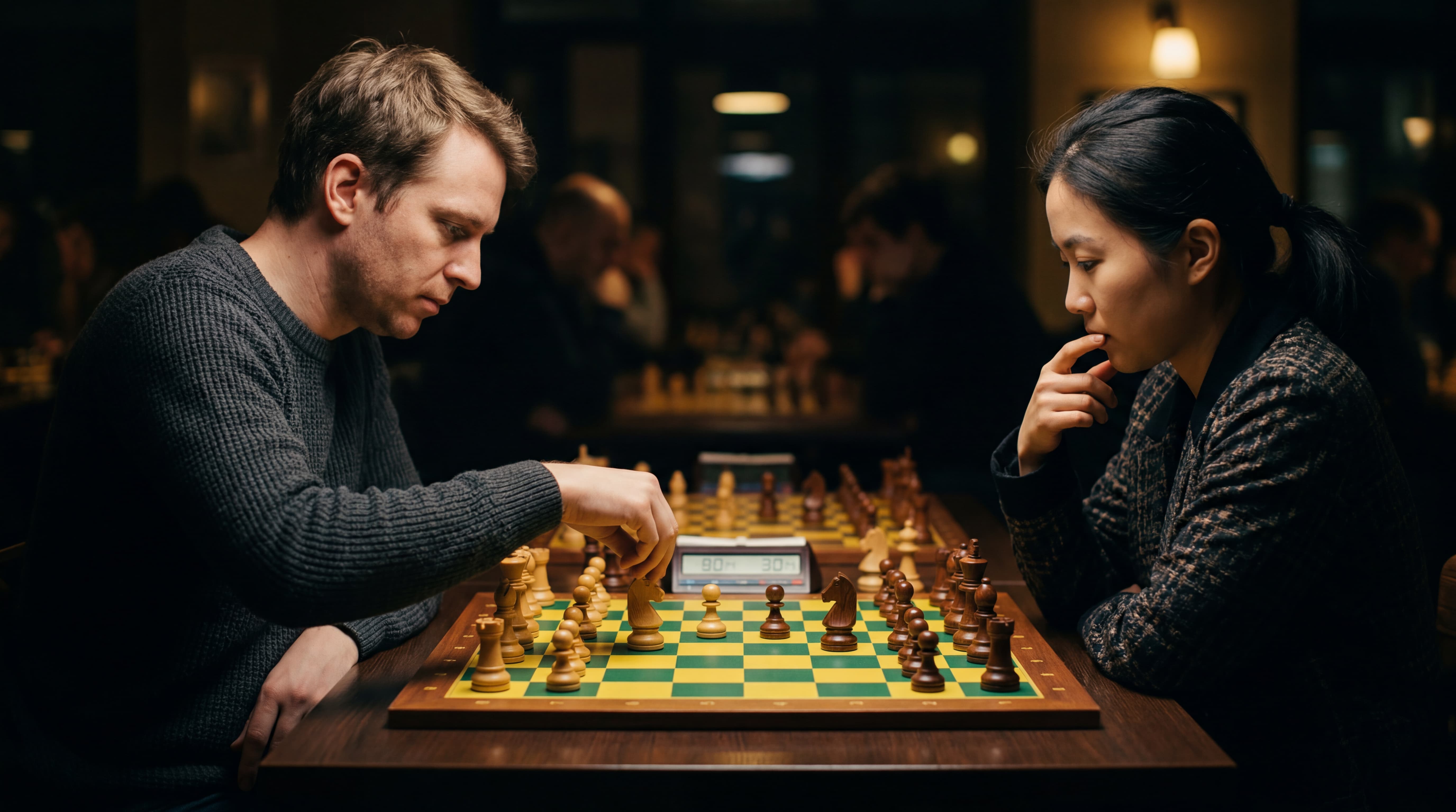 A European man and an Asian woman playing chess, the board featuring the colors of the Brazilian flag - Notícia Brutus Agro Corporate