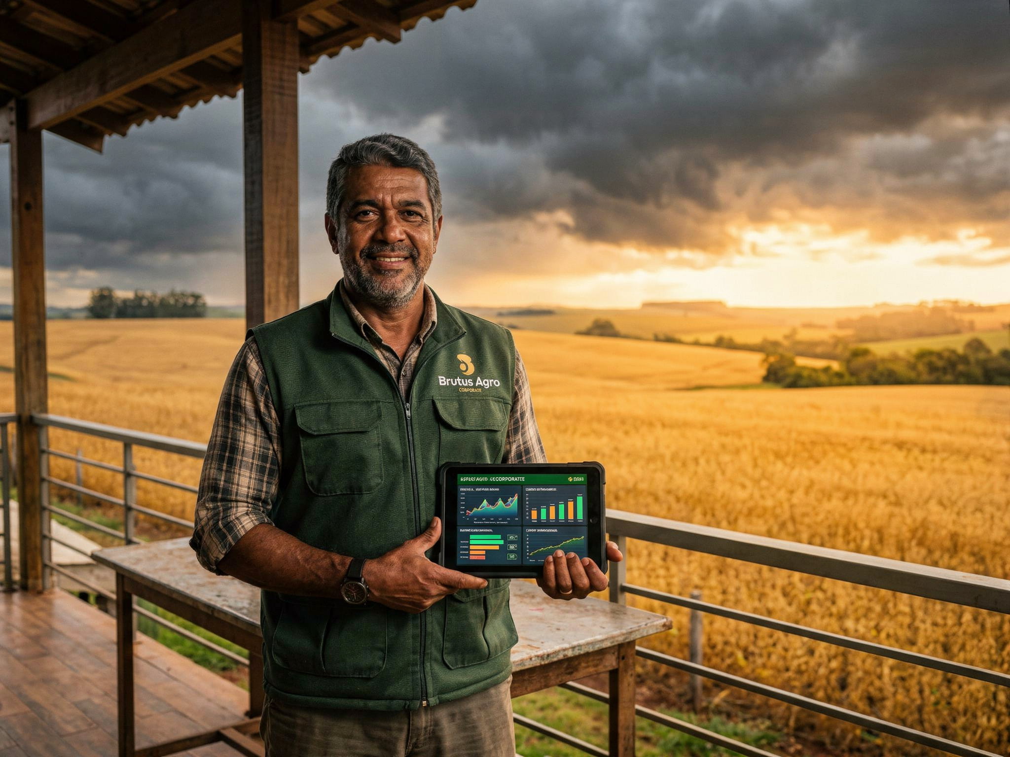 Homem do campo segurando um tablet com um dashboard - Notícia Brutus Agro Corporate