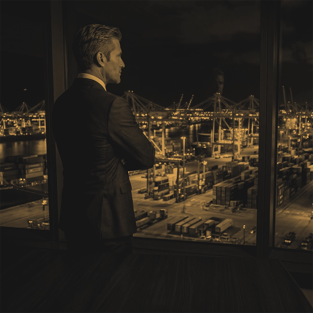 Homem de negócios olhando para o porto da janela de seu escritório