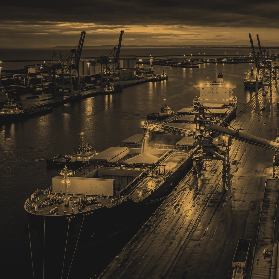 Navio em um porto a noite